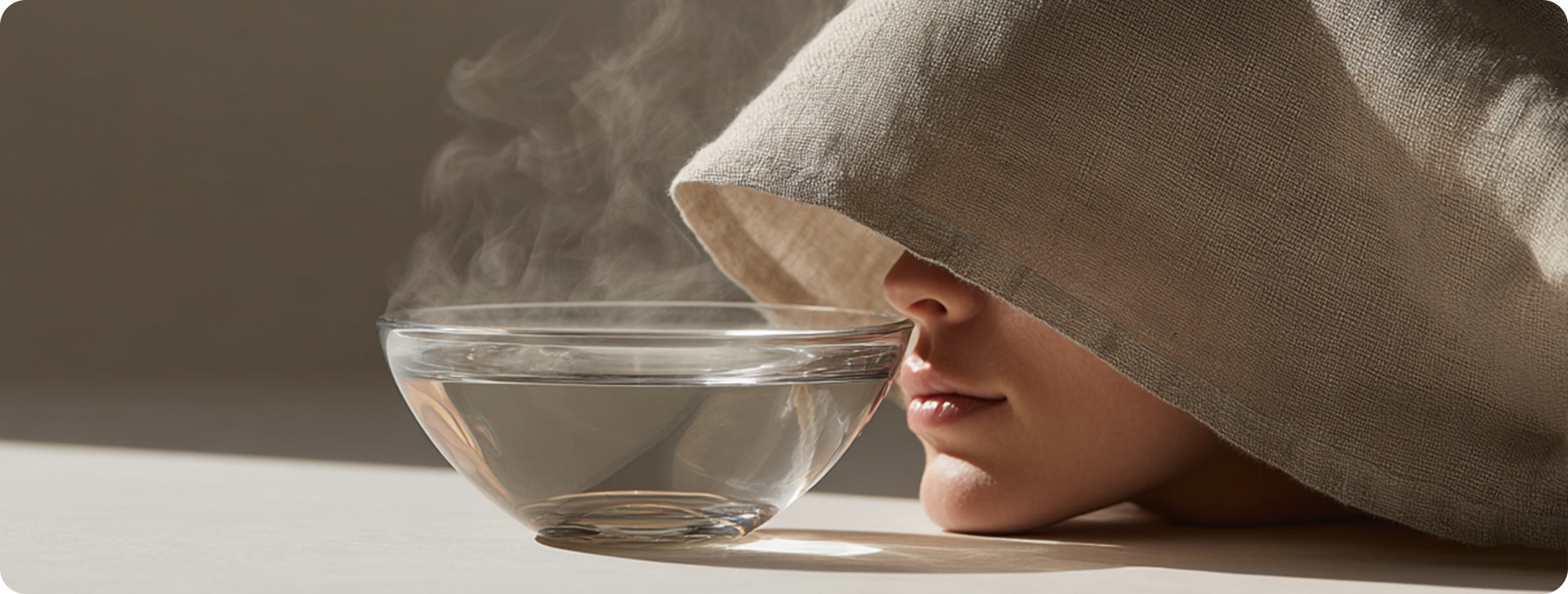 Person mit beigem Hut inhaliert Dampf aus einer Glasschale - Wellness-Behandlung in Frankfurt Praxis für innere Medizin