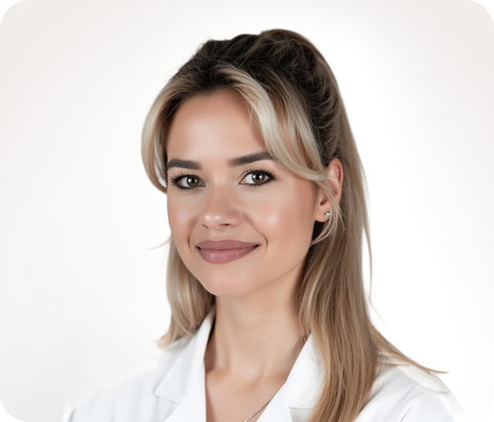 Lächelnde Ärztin mit blonden Haaren im weißen Kittel - Internistin Frankfurt für Innere Medizin und Hausarztpraxis